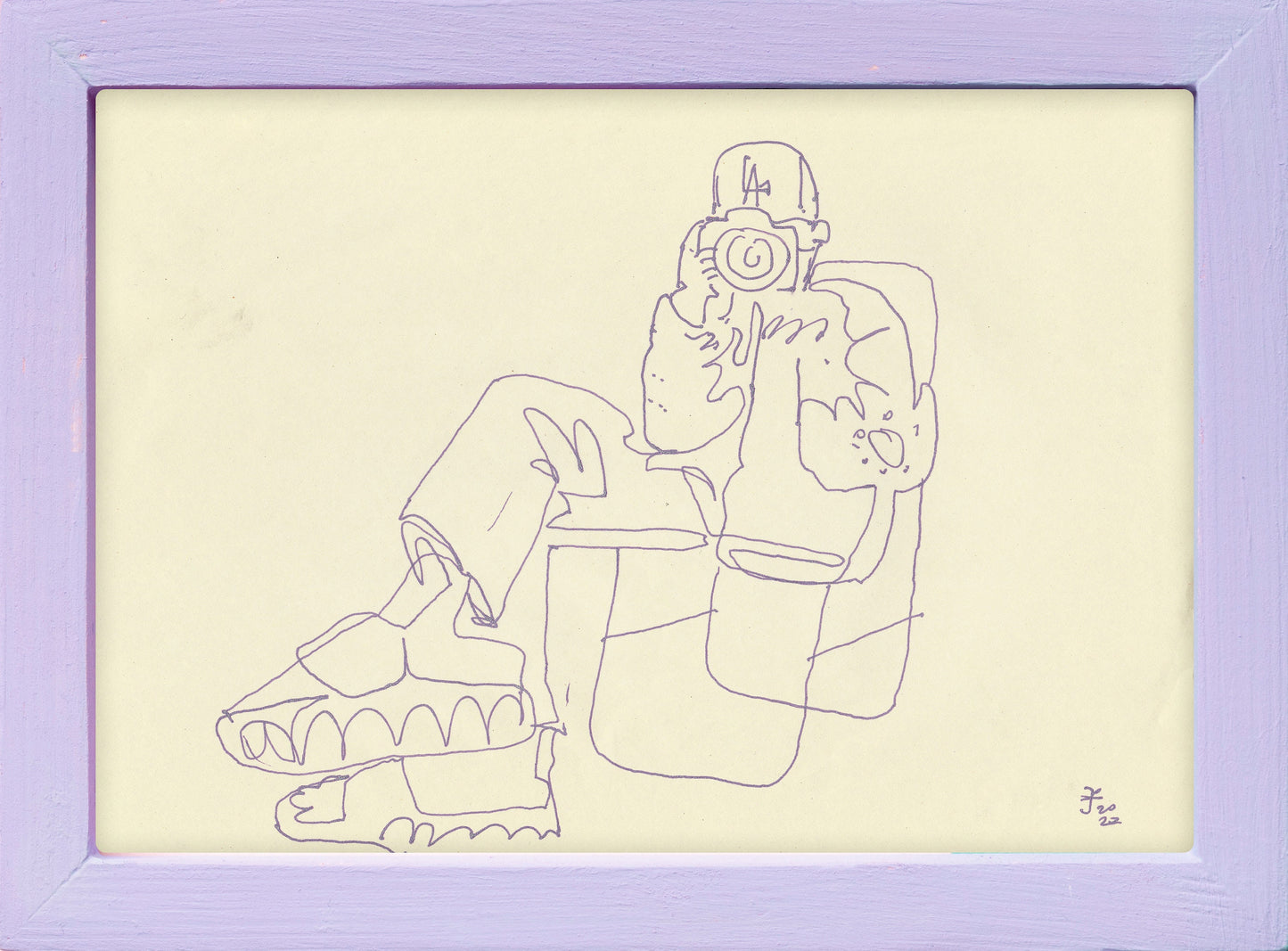 Original Pen Hand Drawing ~ Boy with Photo Camera ~ Minimalist Gel Pen Art ~ Sitting in Chair ~ by Jenea Kaitaz