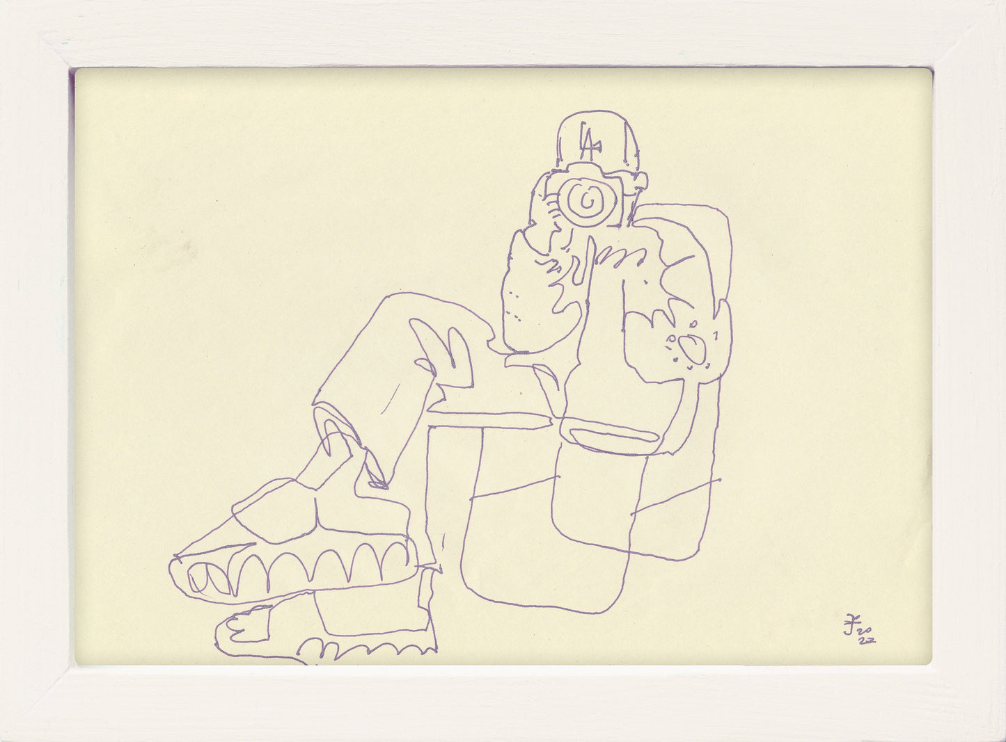 Original Pen Hand Drawing ~ Boy with Photo Camera ~ Minimalist Gel Pen Art ~ Sitting in Chair ~ by Jenea Kaitaz