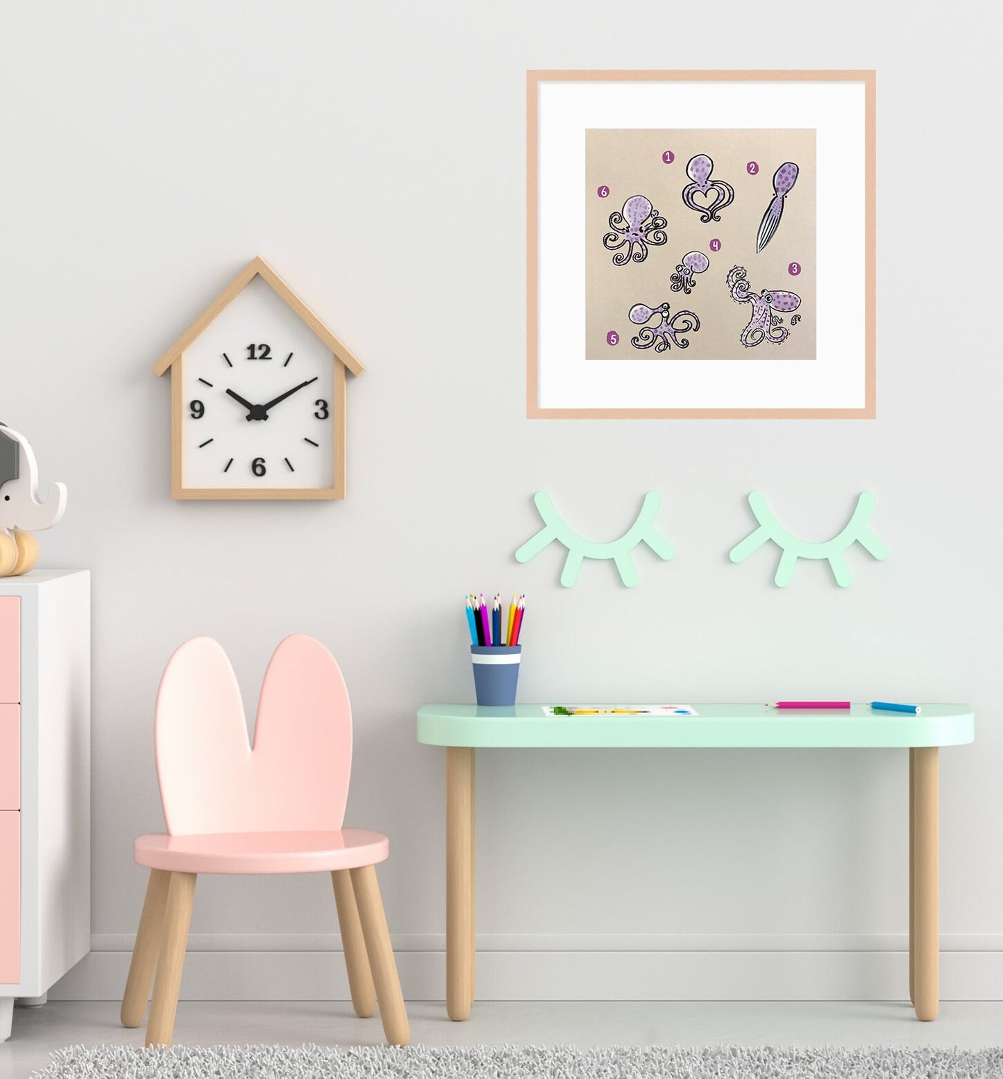 Octopus Cute Printable Nursery Art, Square Cute Print, Ocean Wall Prints, Nursery Wall Art, Digital Download, Sea Print Downloadable