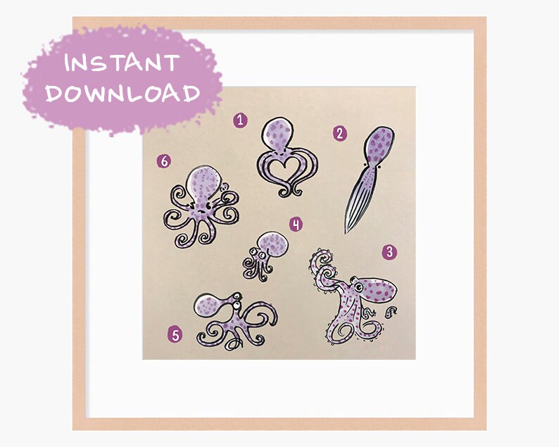 Octopus Cute Printable Nursery Art, Square Cute Print, Ocean Wall Prints, Nursery Wall Art, Digital Download, Sea Print Downloadable
