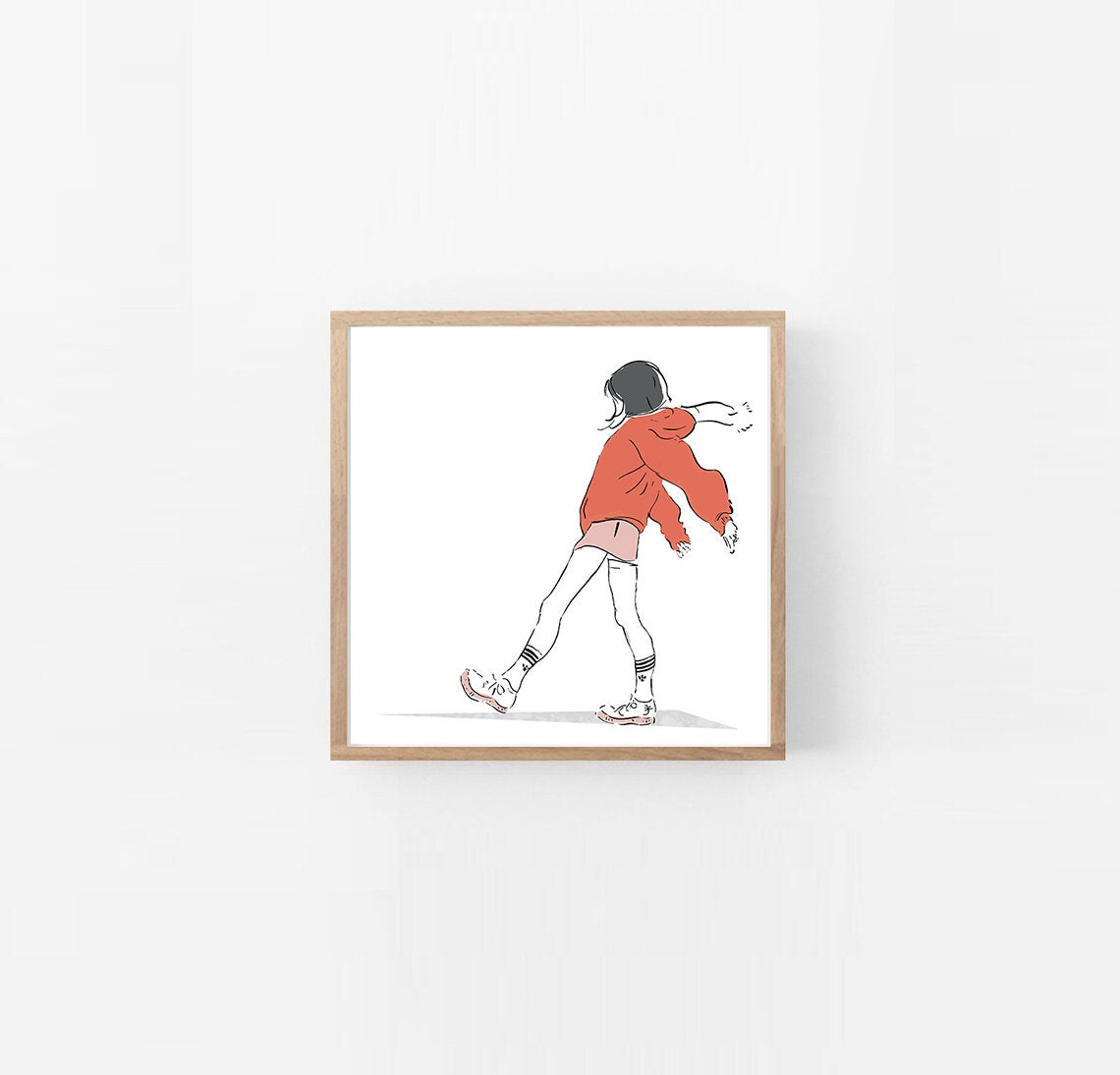 Bored Girl in Search of Adventure Wall Art Print Digital Instant Download Lady in Red Skirt Red Jacket Short Skirt Sneakers Gift for Her