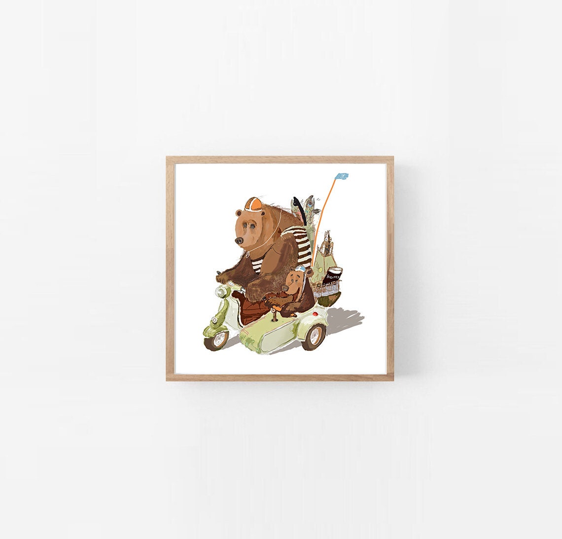 Bear Nursery Illustration Digital Instant Download Art Print ~ Dad Bear with Son Bear comeback to Mother Bear from forest market ~Motorcycle