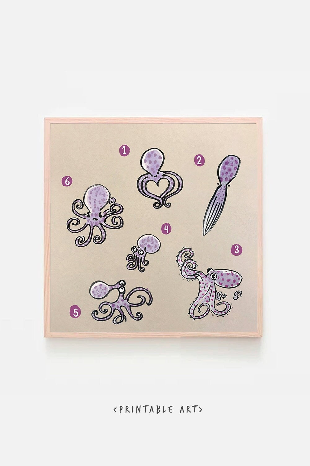 Octopus Cute Printable Nursery Art, Square Cute Print, Ocean Wall Prints, Nursery Wall Art, Digital Download, Sea Print Downloadable