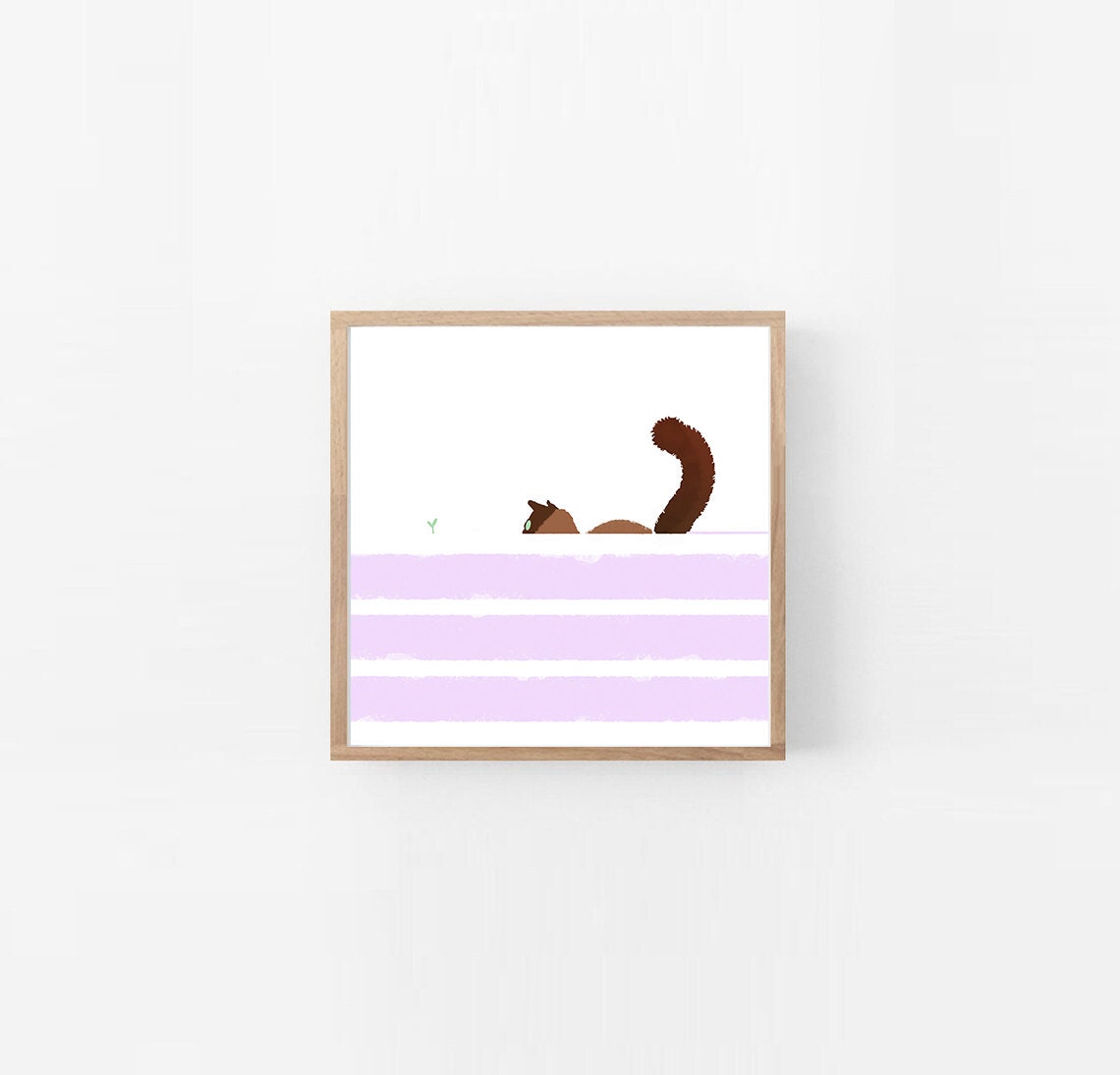 Cat In Search of Spring Square Digital Nursery Instant Download Art Printable Winter Purple Snow Green Plant Children Wall Art Decor