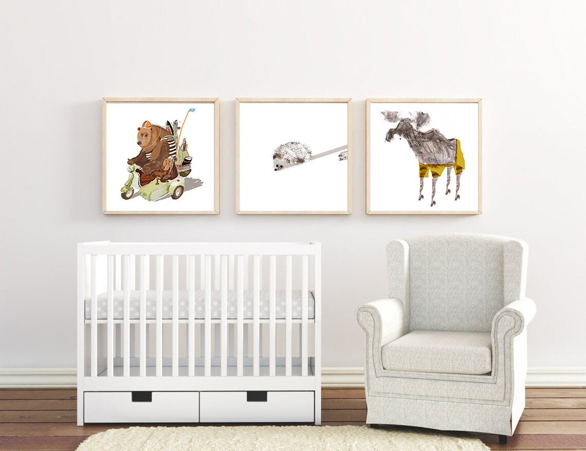 Bear Nursery Illustration Digital Instant Download Art Print ~ Dad Bear with Son Bear comeback to Mother Bear from forest market ~Motorcycle
