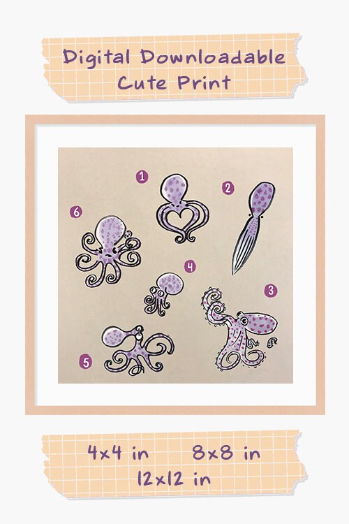 Octopus Cute Printable Nursery Art, Square Cute Print, Ocean Wall Prints, Nursery Wall Art, Digital Download, Sea Print Downloadable