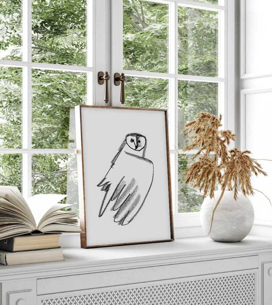 Owl Minimalist Print, Black and White Owl Poster, Hedwig Owl Art, Owl Gift, Owl Wall Decor,