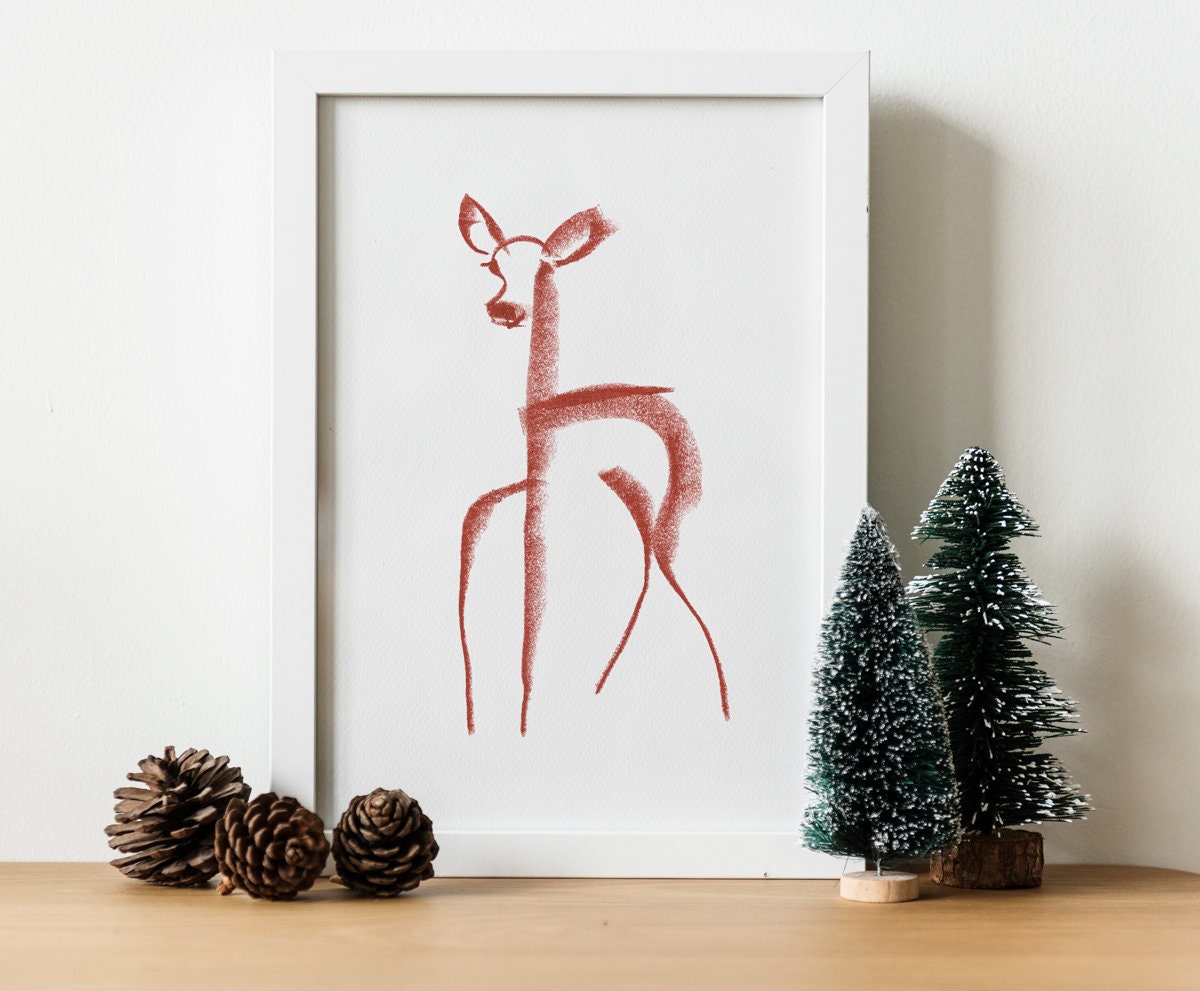 Baby Deer, Christmas Fawn, Digital Download, Woodland Decor, Little Deer Drawing, Minimalist Deer, Nursery Wall Art, Modern Farmhouse Decor