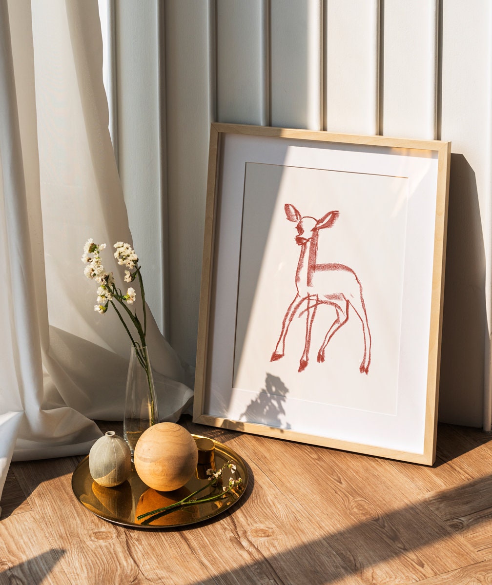 Woodland Animals, Fawn Printable Deer Drawing, Fawn Drawing, Copper Wall Decor, Nursery Wall Art, Rustic Art, Baby Deer Print, Nursery Decor