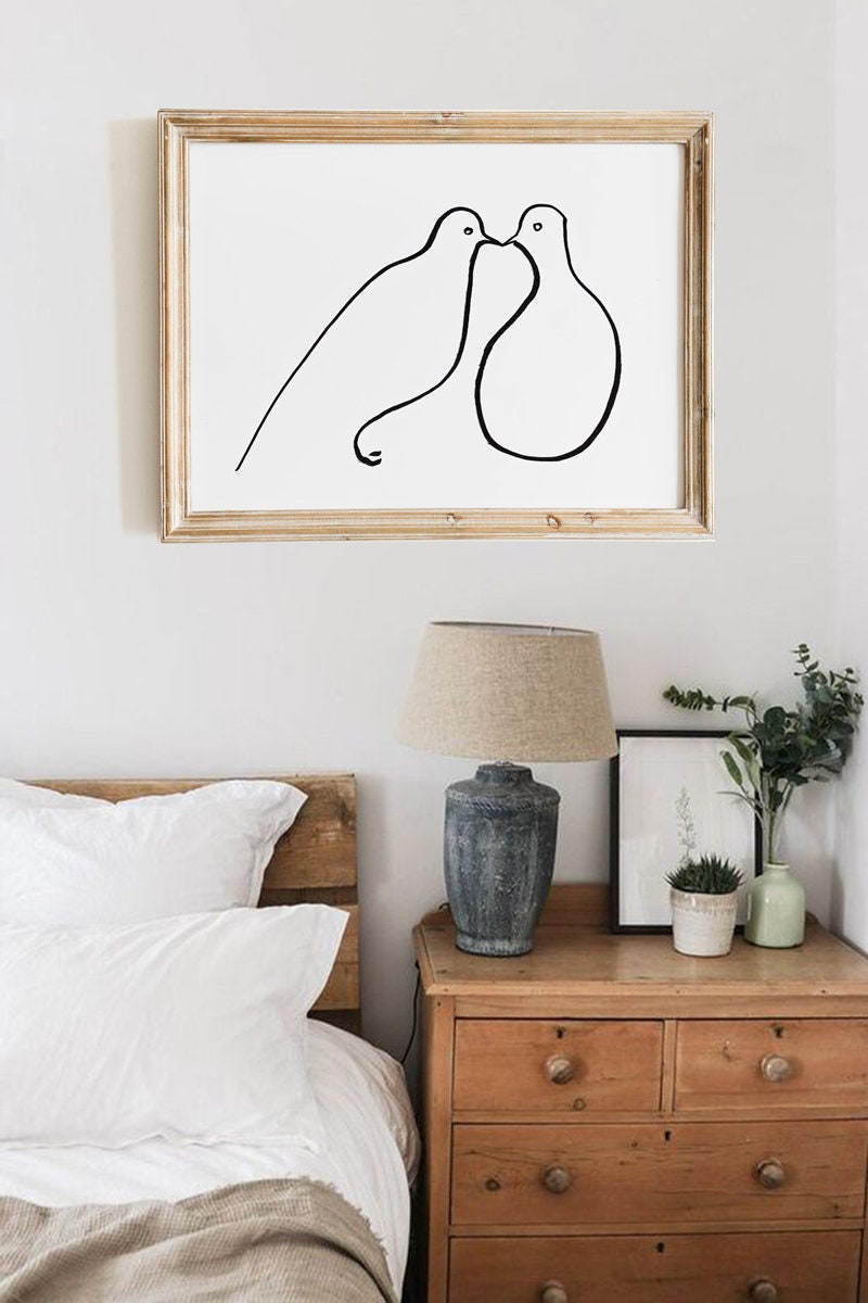 Morning Dove Print, Minimalist line art, Bird Art, Digital Download, Valentine Day Print, Pigeon Kiss, Bird Lover Gifts, Modern Wall Art