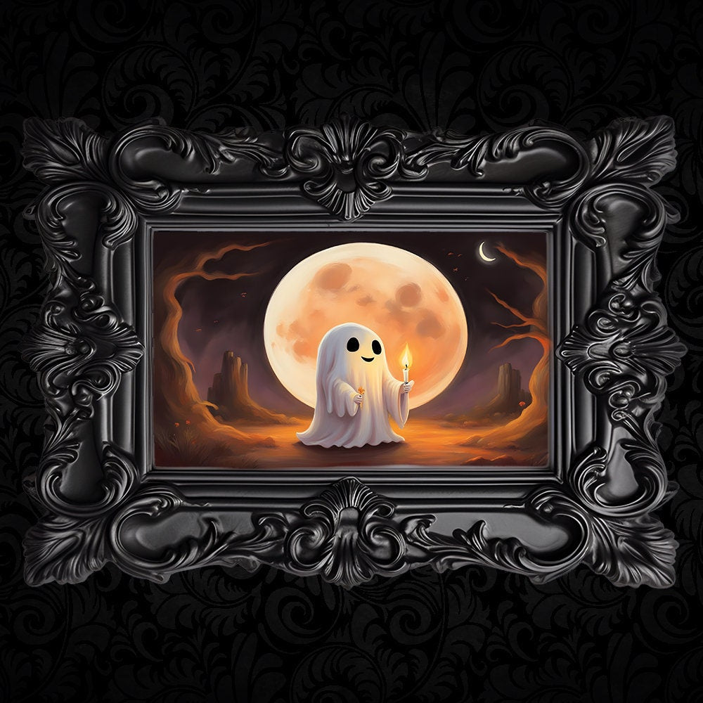 Ghost With Candle Full Moon Charm, Halloween Printable Art, Whimsical Print, Cute Ghost, Dark Academia, Haunting Ghost, Halloween Decor