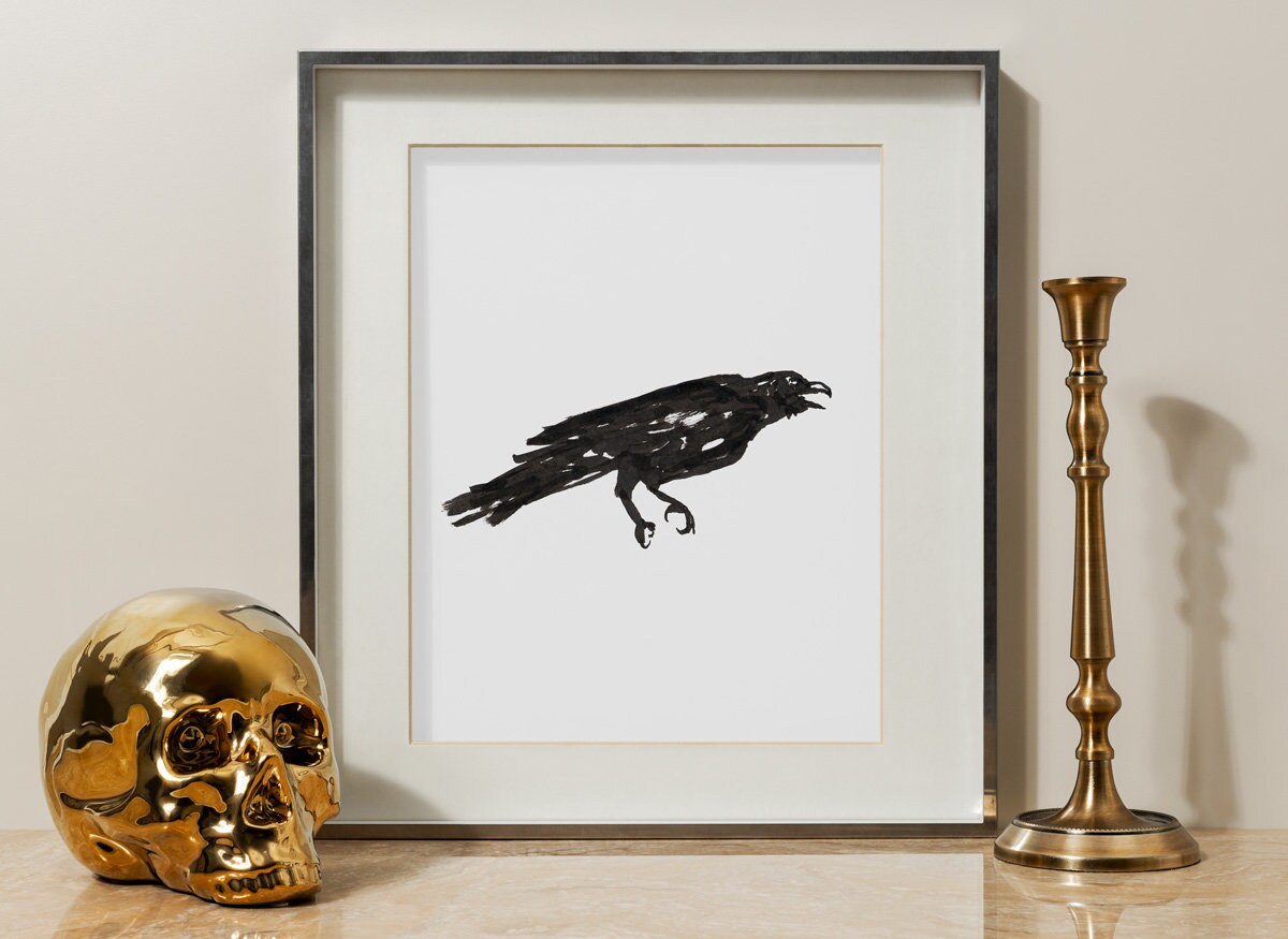 Halloween Decor, Raven Print Downloadable Print, Bird Ink Drawing, Printable Wall Art, Crow Digital Download, Bird Gallery Wall Artwork