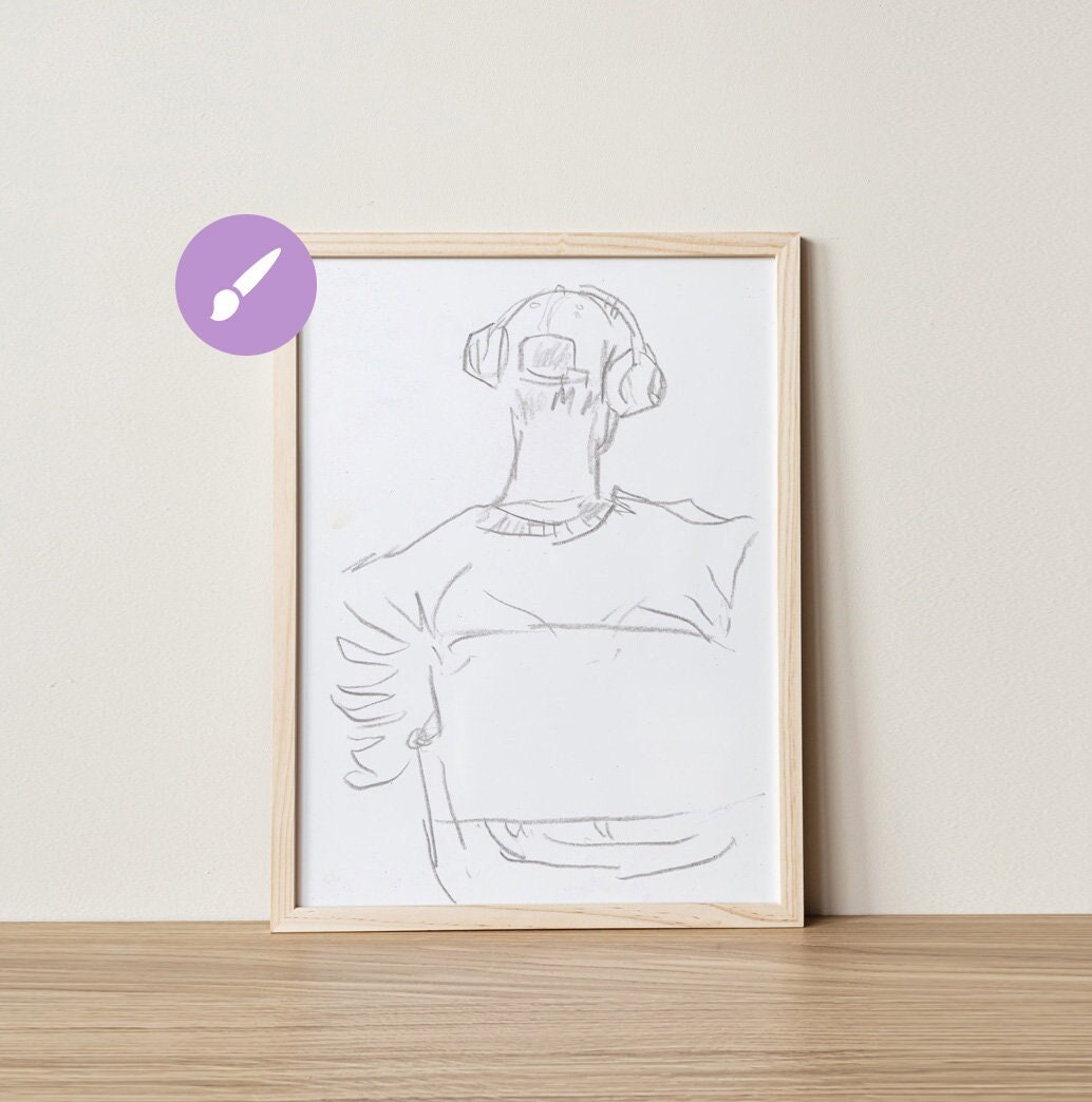 Boy with Headphones Art ~ Hand Drawn Sketch, Original Pencil Drawing, Music Art, Minimalist Wall Decor, Aesthetic Wall Art, Music Lover Gift