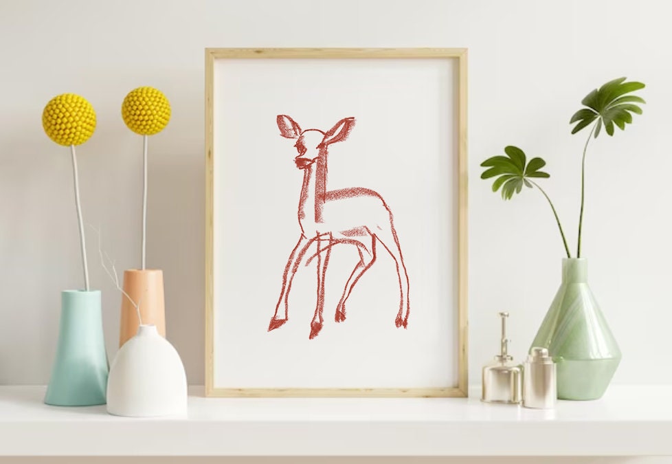 Woodland Animals, Fawn Printable Deer Drawing, Fawn Drawing, Copper Wall Decor, Nursery Wall Art, Rustic Art, Baby Deer Print, Nursery Decor