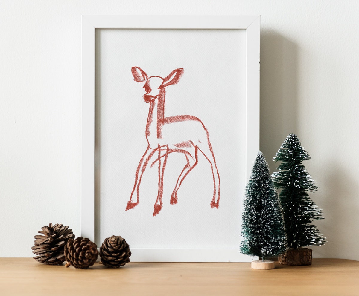 Woodland Animals, Fawn Printable Deer Drawing, Fawn Drawing, Copper Wall Decor, Nursery Wall Art, Rustic Art, Baby Deer Print, Nursery Decor