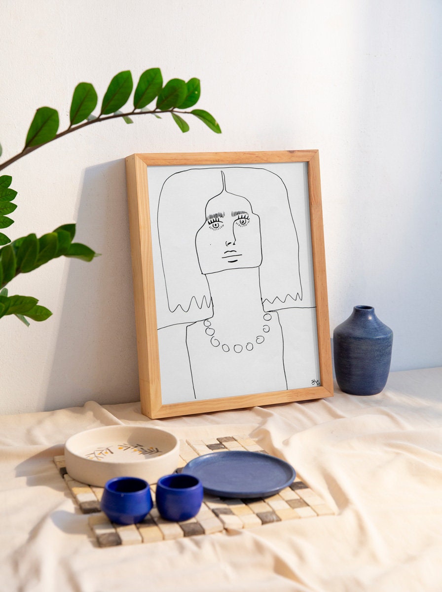 Woman Portrait ~ Hand Drawn Art ~ Jewelry Printable Art ~ Line Art Girl Drawing ~ Matisse Ink Art