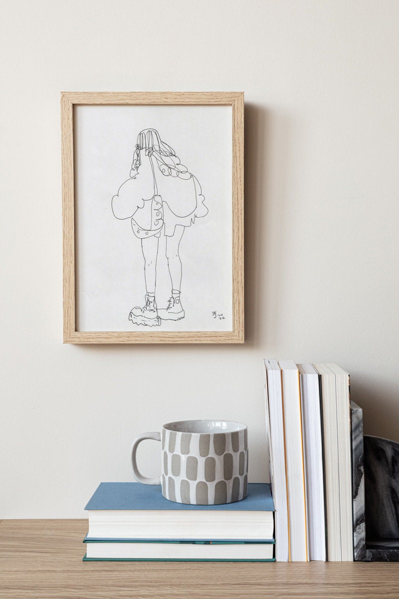 Hand Drawing of School Girl in in Boots Gift for Him/Her Original Gel Pen Art A4 Jenea Kaitaz