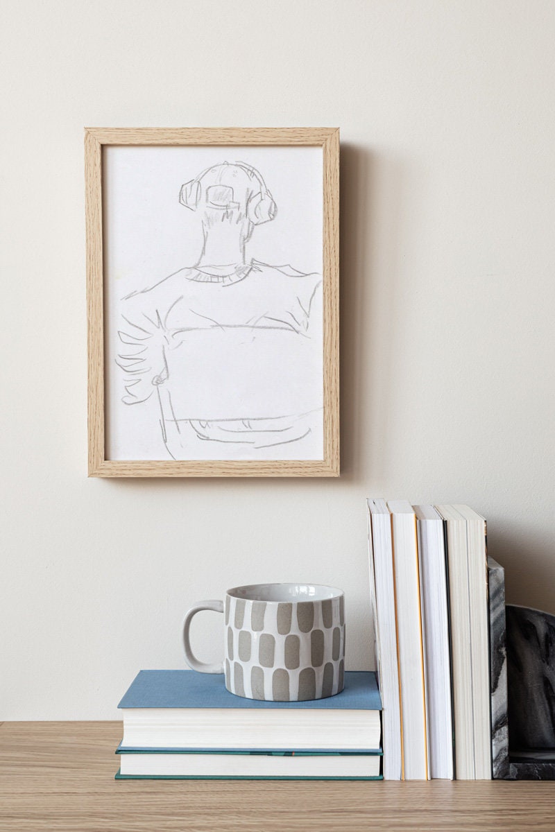 Boy with Headphones Art ~ Hand Drawn Sketch, Original Pencil Drawing, Music Art, Minimalist Wall Decor, Aesthetic Wall Art, Music Lover Gift