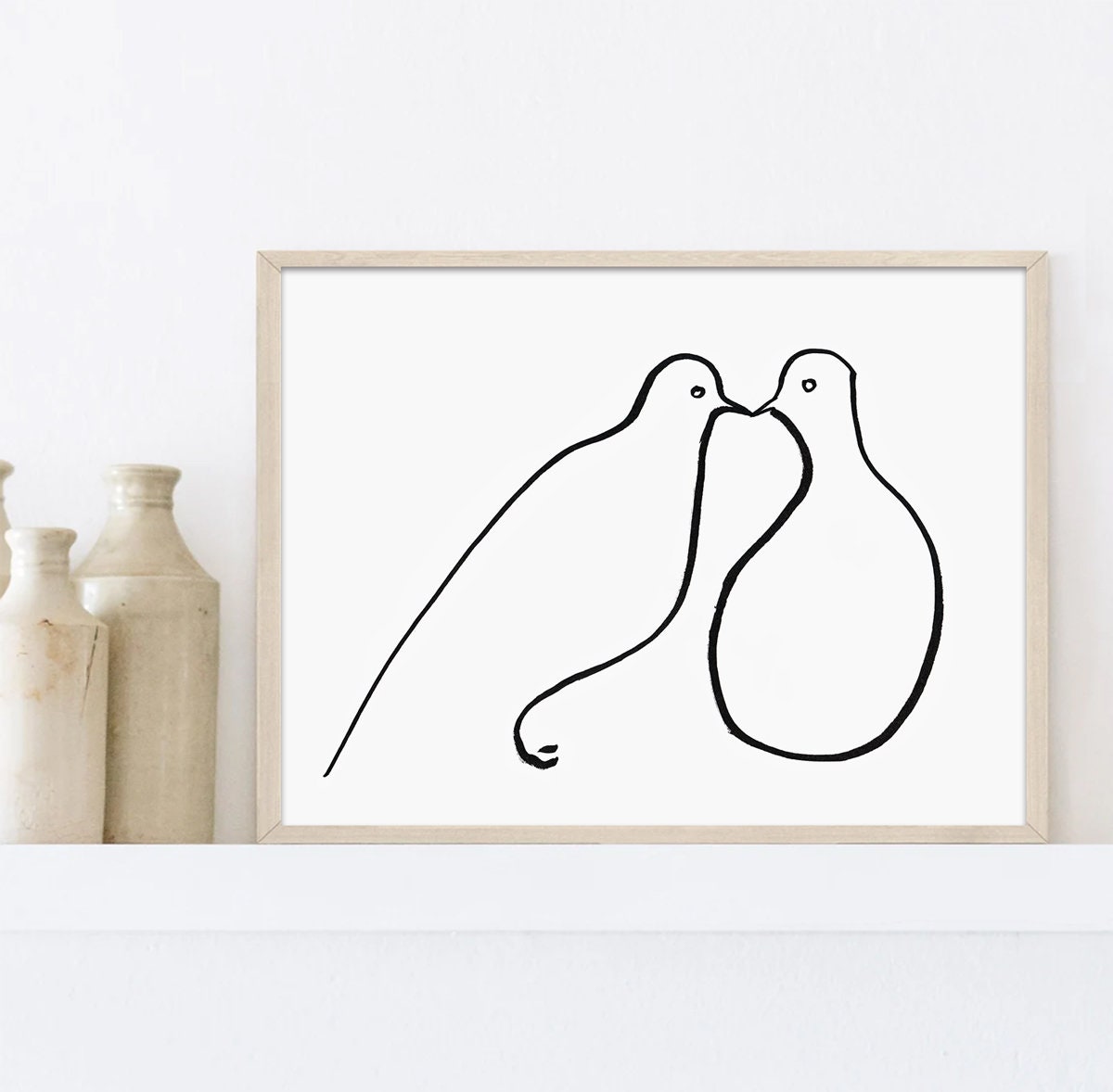 Morning Dove Print, Minimalist line art, Bird Art, Digital Download, Valentine Day Print, Pigeon Kiss, Bird Lover Gifts, Modern Wall Art
