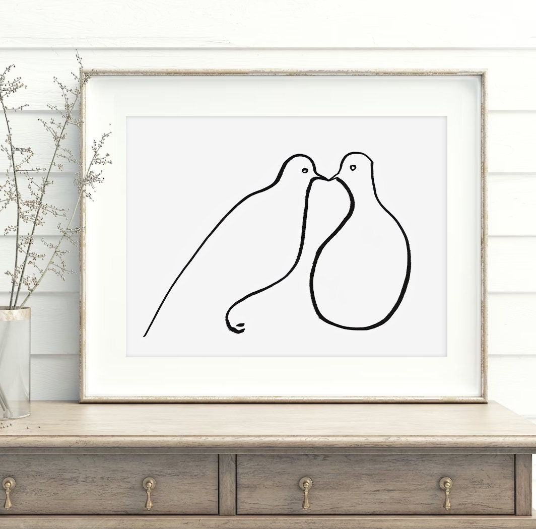 Morning Dove Print, Minimalist line art, Bird Art, Digital Download, Valentine Day Print, Pigeon Kiss, Bird Lover Gifts, Modern Wall Art