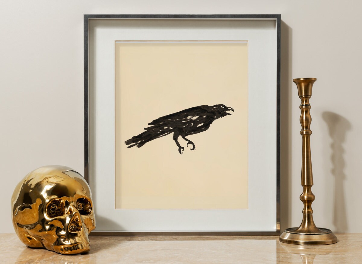 Halloween Decor, Raven Print Downloadable Print, Bird Ink Drawing, Printable Wall Art, Crow Digital Download, Bird Gallery Wall Artwork
