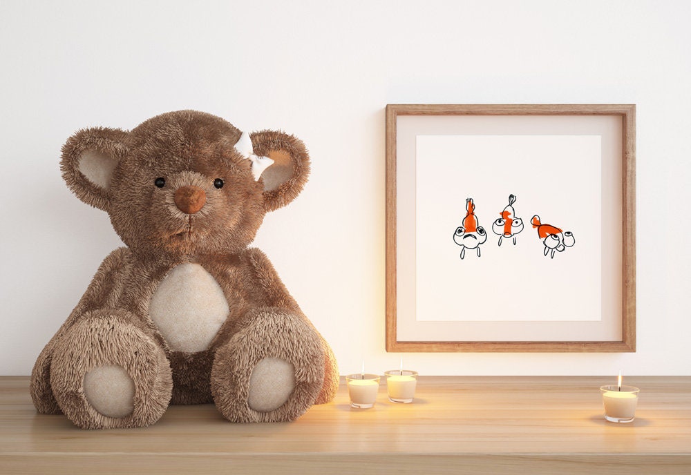 Cartoon Fish, Whimsical Fish Print, Digital Download, Bubble Eye Goldfish Print, Funny Kids Wall Art, Nursery Fish Decor, Fish Lover Gifts