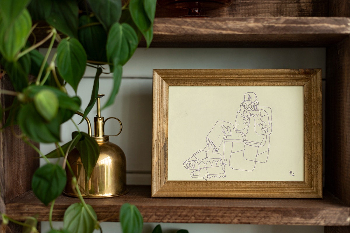 Original Pen Hand Drawing ~ Boy with Photo Camera ~ Minimalist Gel Pen Art ~ Sitting in Chair ~ by Jenea Kaitaz