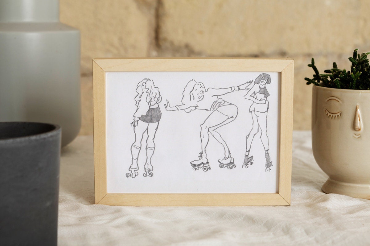 Roller Skate Girls ~ Hand Drawn Original Pencil Drawing by A4 Jenea Kaitaz (11.7 x 8.3 inch)