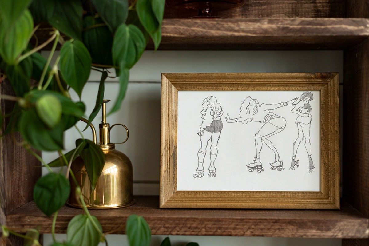 Roller Skate Girls ~ Hand Drawn Original Pencil Drawing by A4 Jenea Kaitaz (11.7 x 8.3 inch)