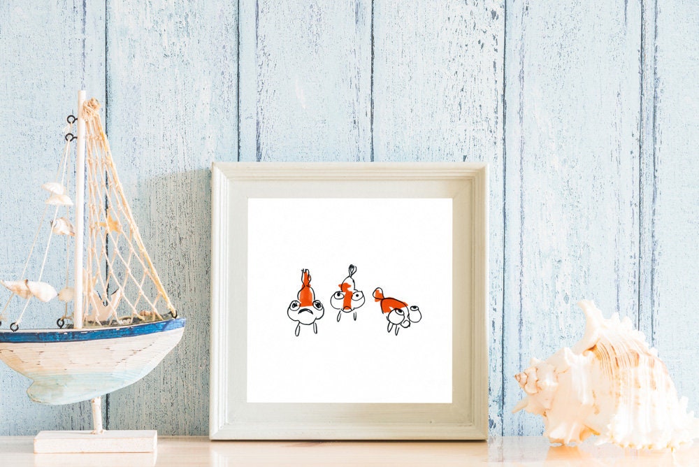 Cartoon Fish, Whimsical Fish Print, Digital Download, Bubble Eye Goldfish Print, Funny Kids Wall Art, Nursery Fish Decor, Fish Lover Gifts