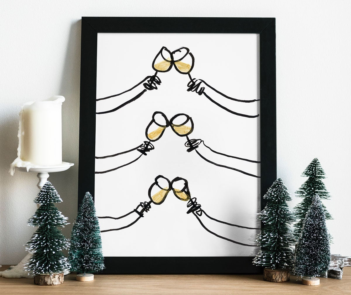 Cheers Printable, Scribble Art, Christmas Wall Art, Champagne decorations, Kitchen Christmas Decor, Drink Glasses Print, Lunar New Year Gift