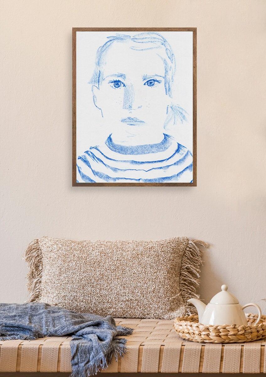 Portrait of Girl, Instant Download, Minimalist Portrait, Drawing by Jenea Kaitaz, Portrait Wall Art, Blue Eyes Pint