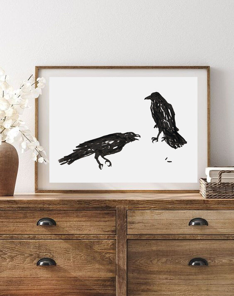 Crow Art, Minimalist Crow Art, Crow Sketch, Gifts for Goth, Crow Drawing, Spirit Animal Print, Edgar Allen Poe, British Garden Birds, Raven