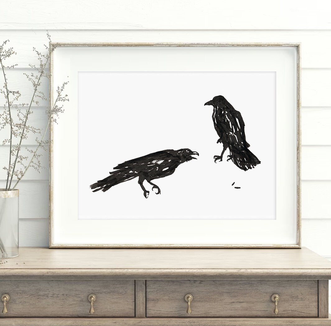 Crow Art, Minimalist Crow Art, Crow Sketch, Gifts for Goth, Crow Drawing, Spirit Animal Print, Edgar Allen Poe, British Garden Birds, Raven