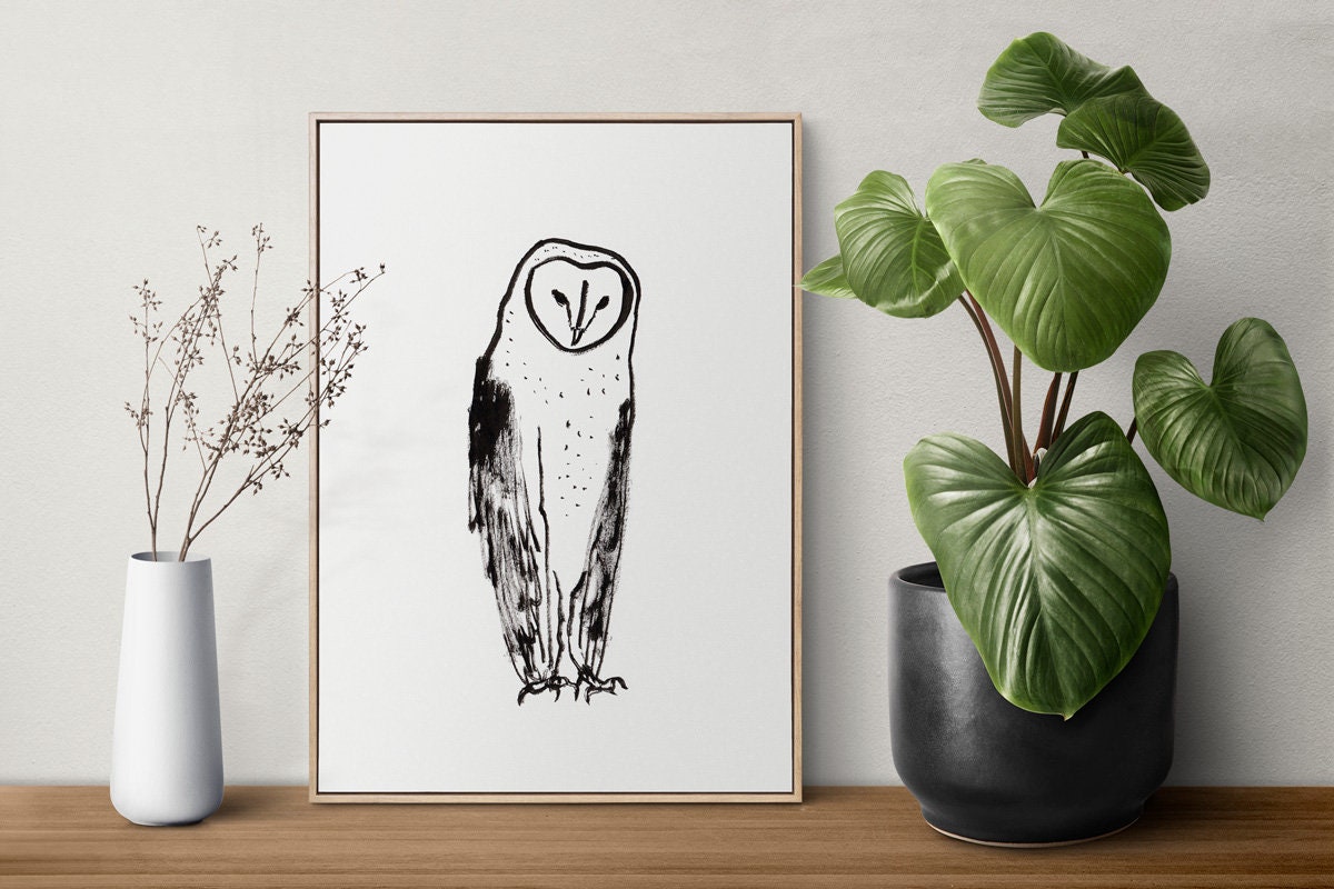 Barn Owl Print, Black and White Bird, North American Owl, Wisdom Print, Owl Wall Art, Instant Download, Owl Drawing, Owl Art