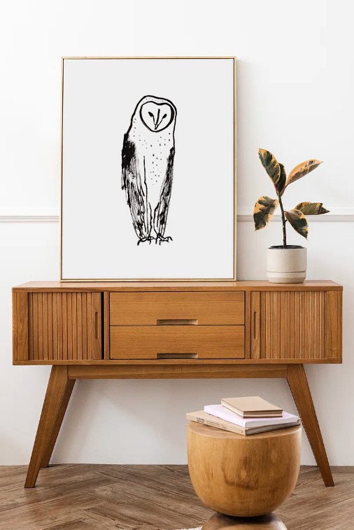 Barn Owl Print, Black and White Bird, North American Owl, Wisdom Print, Owl Wall Art, Instant Download, Owl Drawing, Owl Art