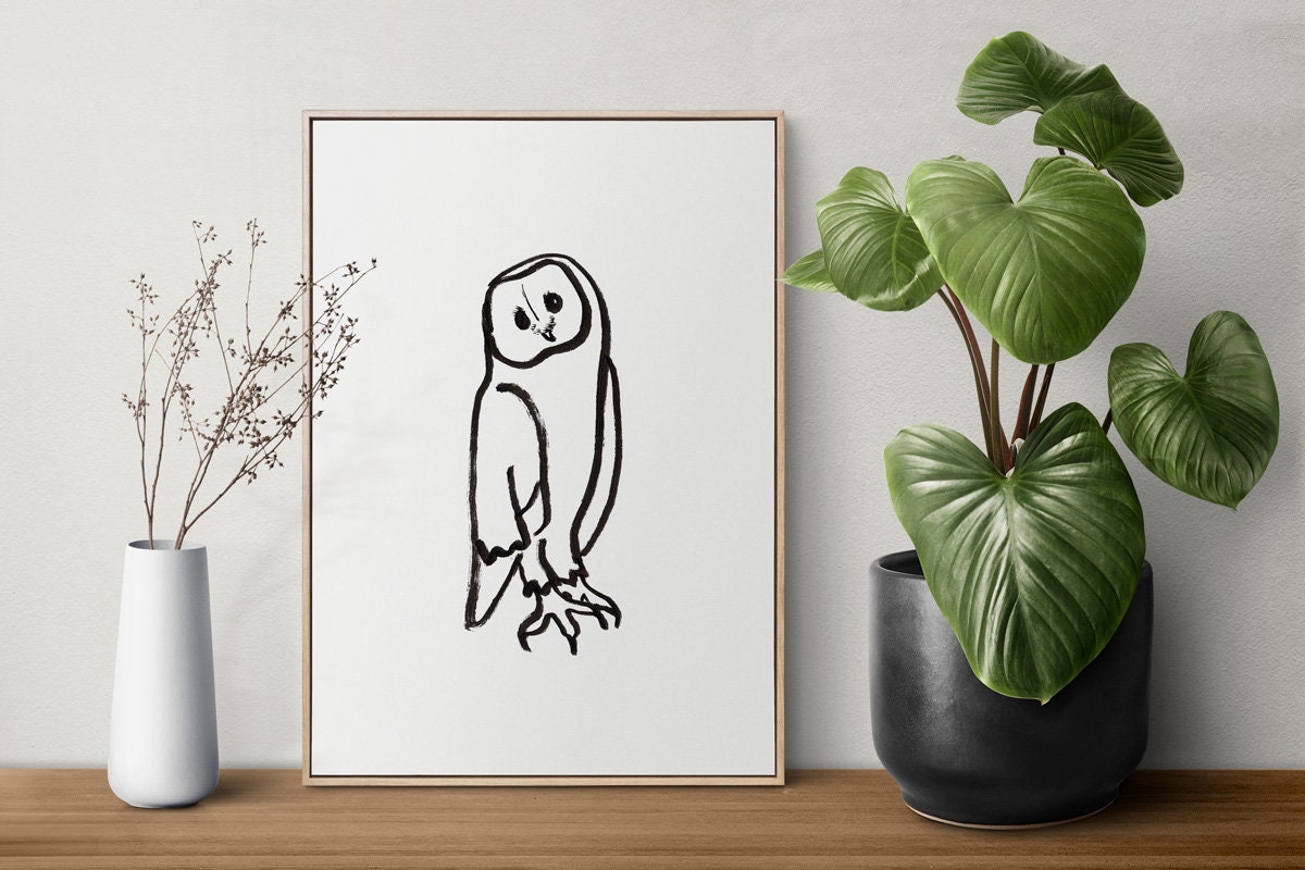 Owl Poster, Woodland Creatures Baby Shower, Barn Owl Art Print, Witchy Room Decor, Owl Digital Download, Minimalist Owl Drawing, Owl Png