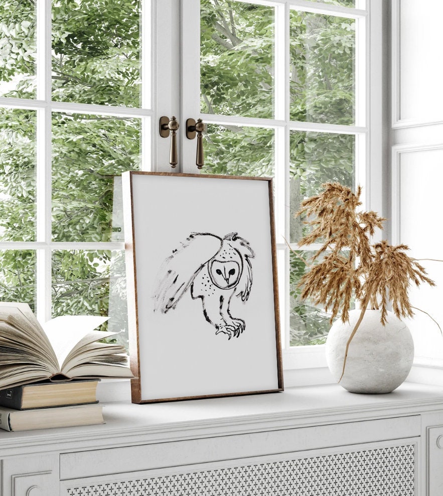 Owl Print, Printable Wall Art, Barn Owl Art, Owl Ink Sketch, Wizard Owl, Nature theme Print, Owl Flight