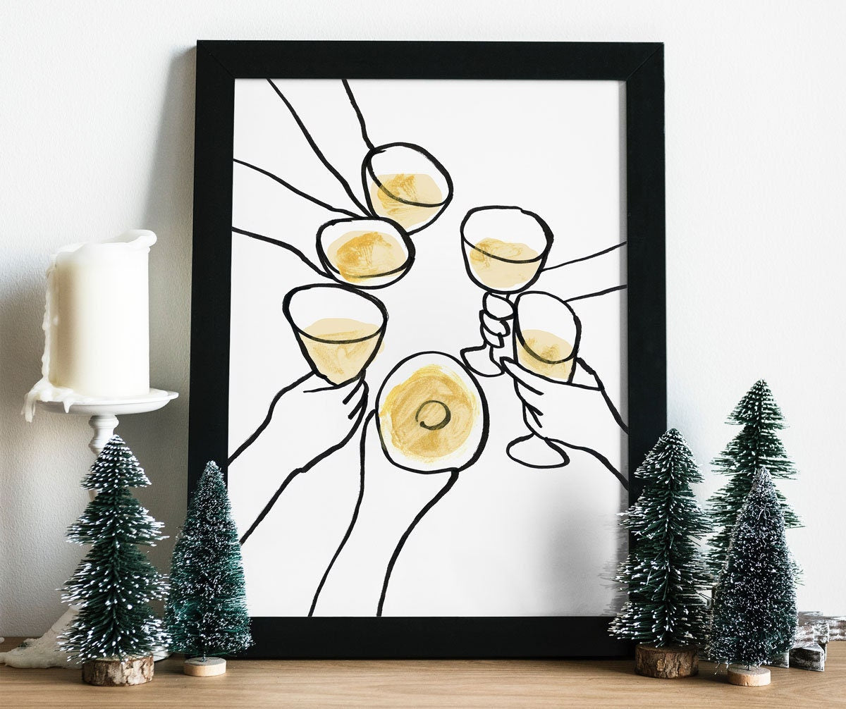 Cheers Sign, Drinks Poster, Christmas Decor, Bar Cart Wall Decor, Cheers Illustration