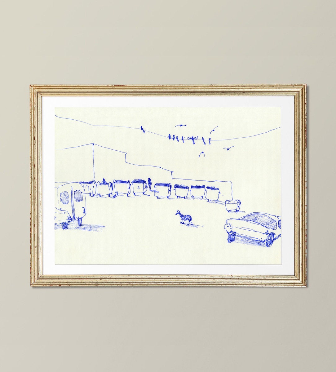 Urban Sketch Digital Print, Minimalist Decor, Printable Modern Art, Trash Cans Print, Dog Print, Hand Drawn Style Print, Pen and Ink art