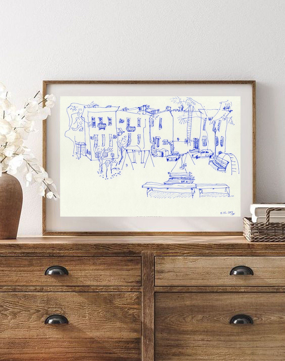 Minimalist City Sketch Art, Instant Download, Urban Print, Blue Wall Decor, Architecture Print, Printable Urban Sketch, Hand Drawn Style Art