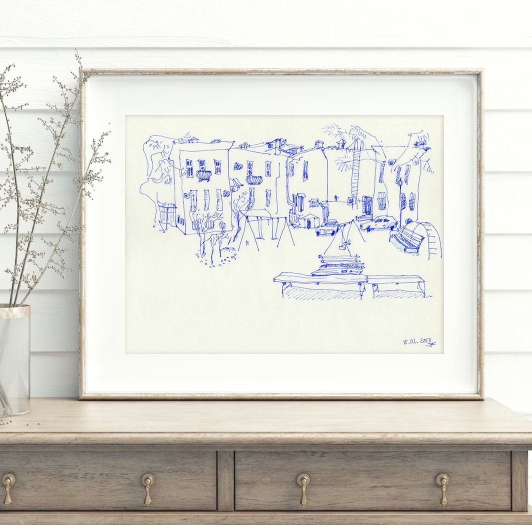Minimalist City Sketch Art, Instant Download, Urban Print, Blue Wall Decor, Architecture Print, Printable Urban Sketch, Hand Drawn Style Art