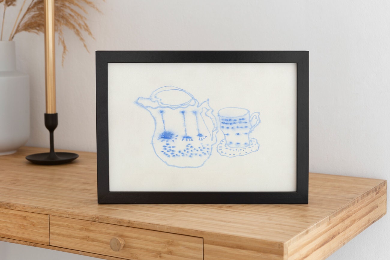 Tea Party Decor Print, Instant Download, Drawing of Porcelain Dishes, Minimalist Kitchen Art, Blue Kitchen Decor, Food and Drink Print