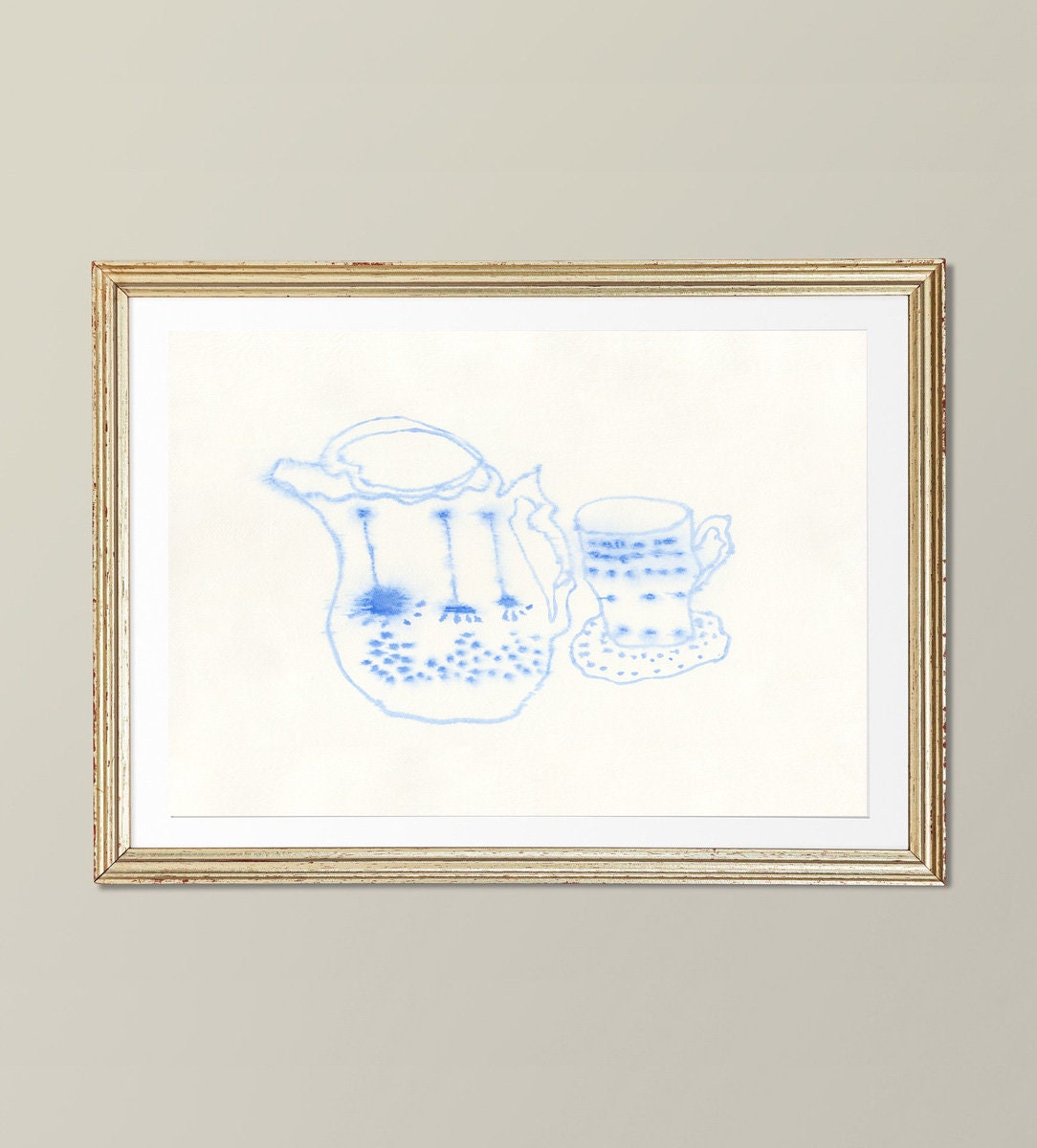 Tea Party Decor Print, Instant Download, Drawing of Porcelain Dishes, Minimalist Kitchen Art, Blue Kitchen Decor, Food and Drink Print