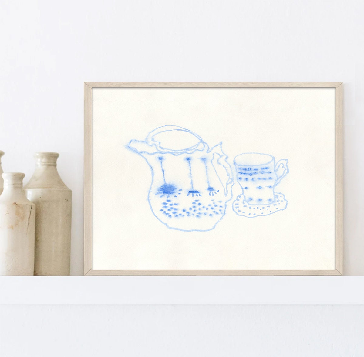 Tea Party Decor Print, Instant Download, Drawing of Porcelain Dishes, Minimalist Kitchen Art, Blue Kitchen Decor, Food and Drink Print