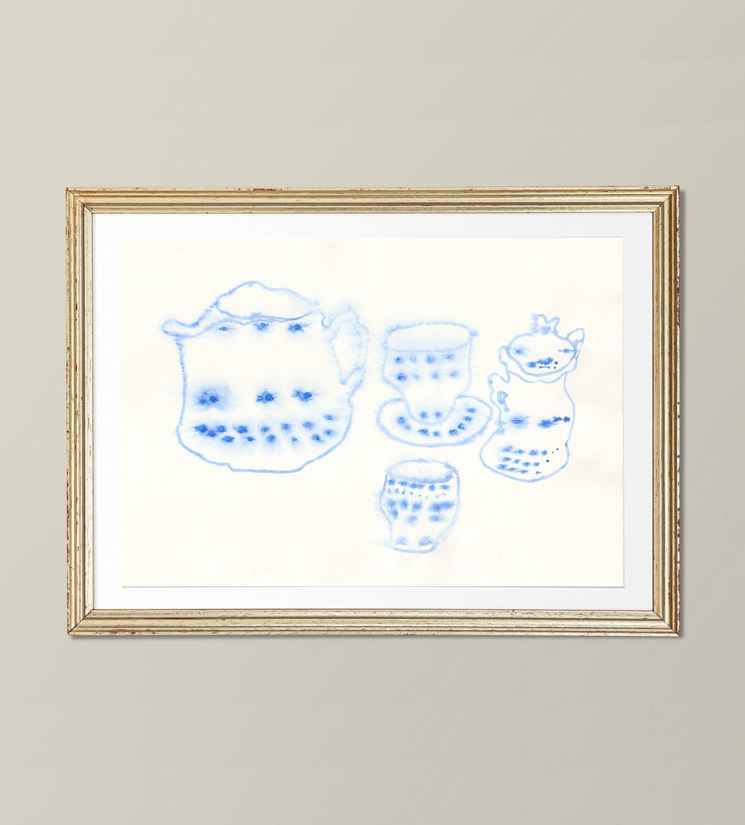 Victorian Tea Art Print, Porcelain Wall Decor, Digital Download, Kitchen Drawing, Kitchen Blue Accent, Farmhouse Printable Wall Art