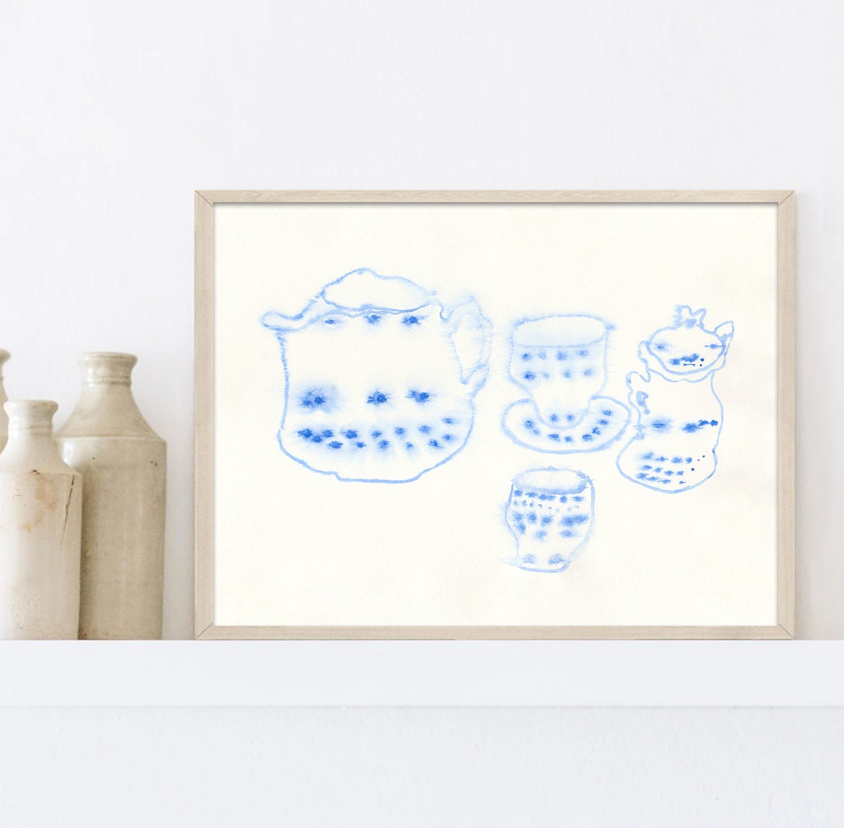 Victorian Tea Art Print, Porcelain Wall Decor, Digital Download, Kitchen Drawing, Kitchen Blue Accent, Farmhouse Printable Wall Art
