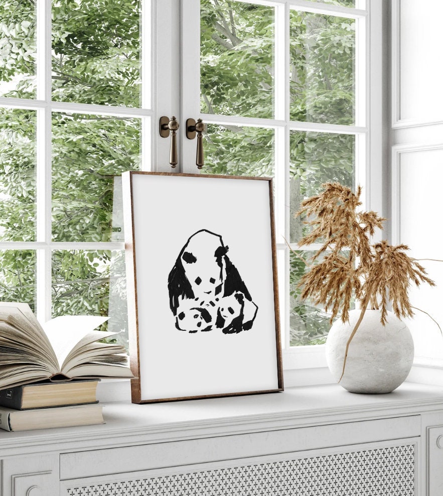 Panda Wall Art Print, Instant Download, Panda Mother with Baby Panda Art, Cute Animal Poster, Nursery Wall Decor, Bear Art, Minimalist Panda