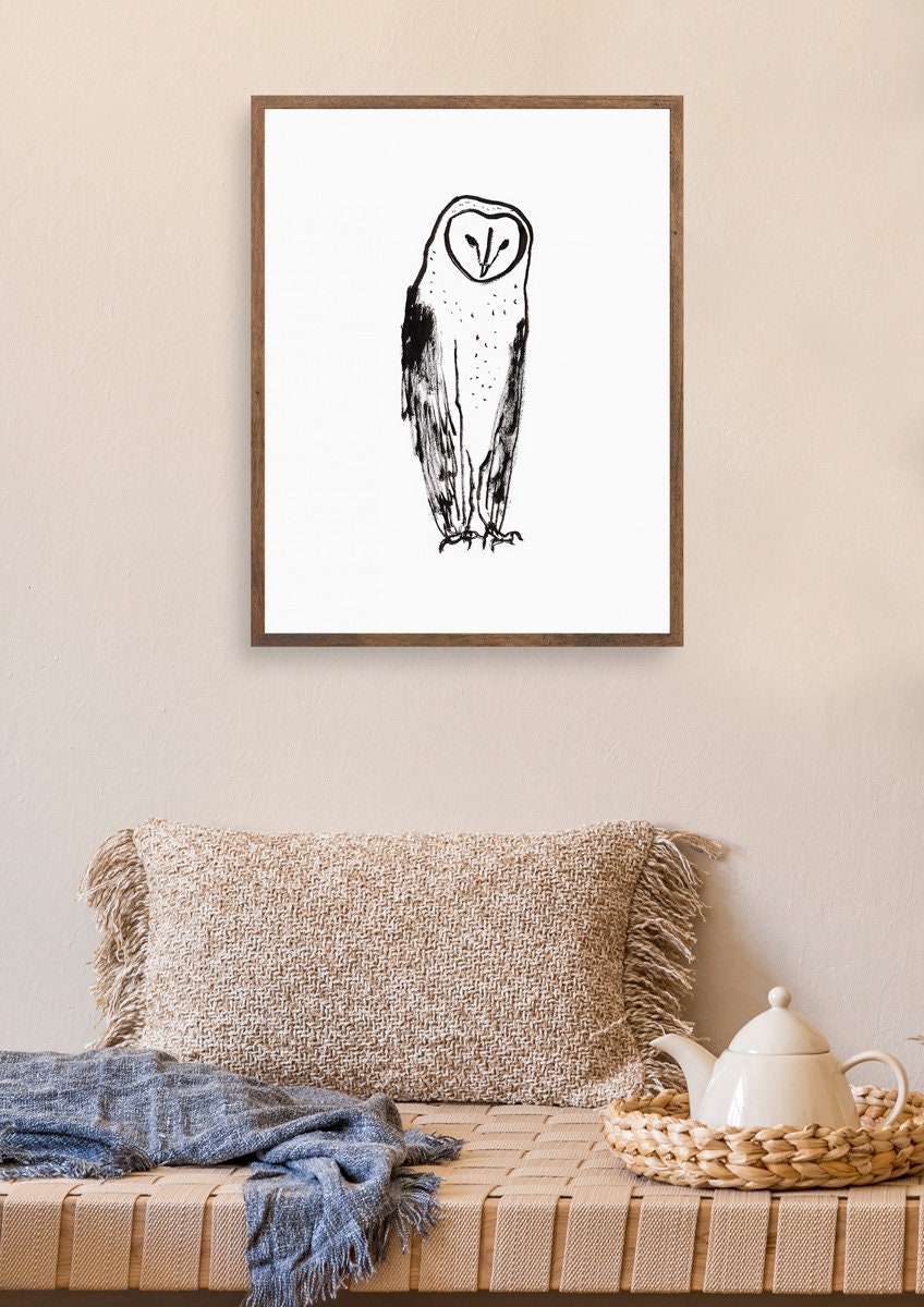 Barn Owl Print, Black and White Bird, North American Owl, Wisdom Print, Owl Wall Art, Instant Download, Owl Drawing, Owl Art