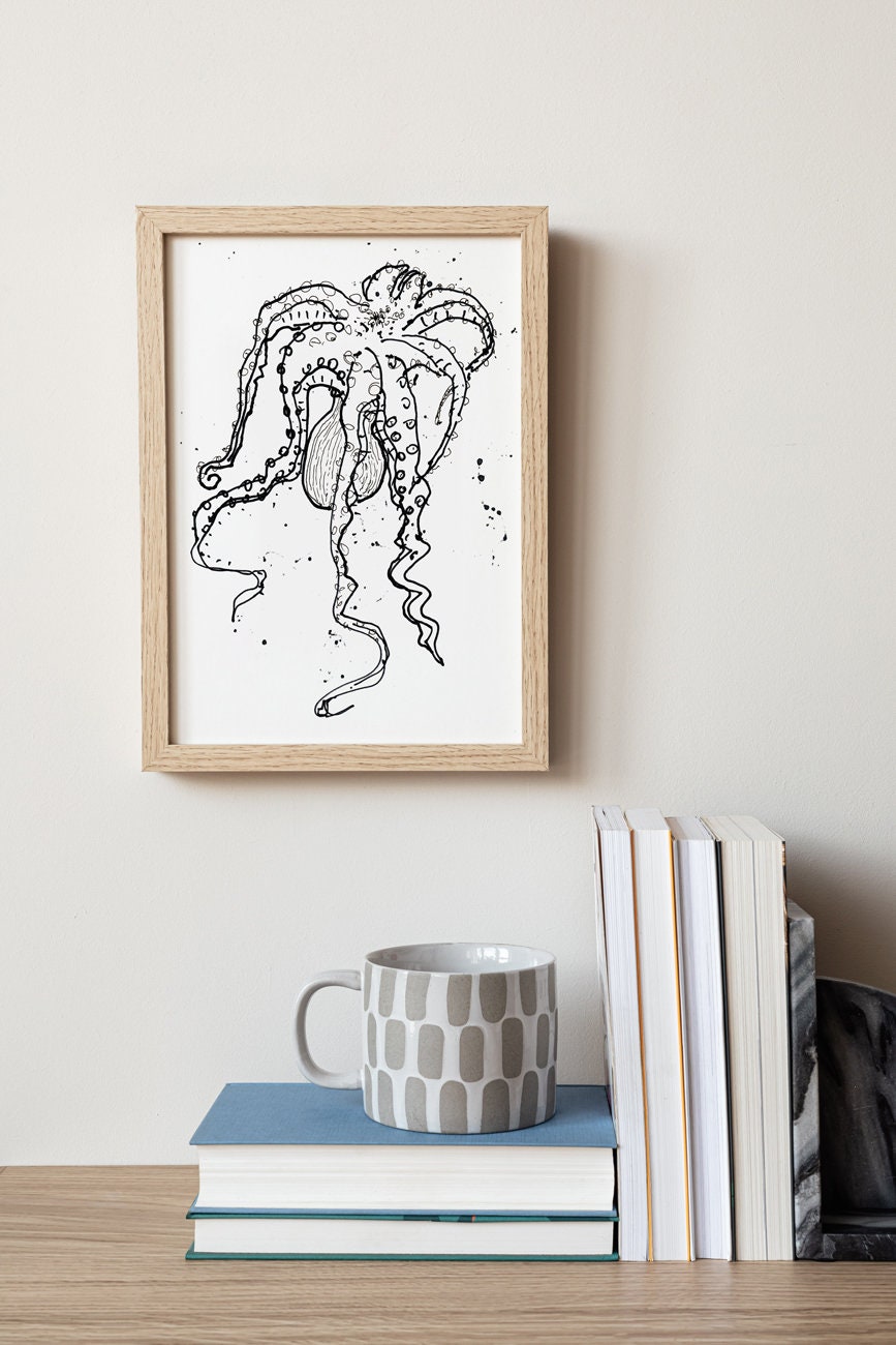 Octopus Art, Kraken Nautical Print, Beach House, Sea Creature Wall Decor, Scuba Life Art, Underwater Pint, Octopus Illustration, Tentacles